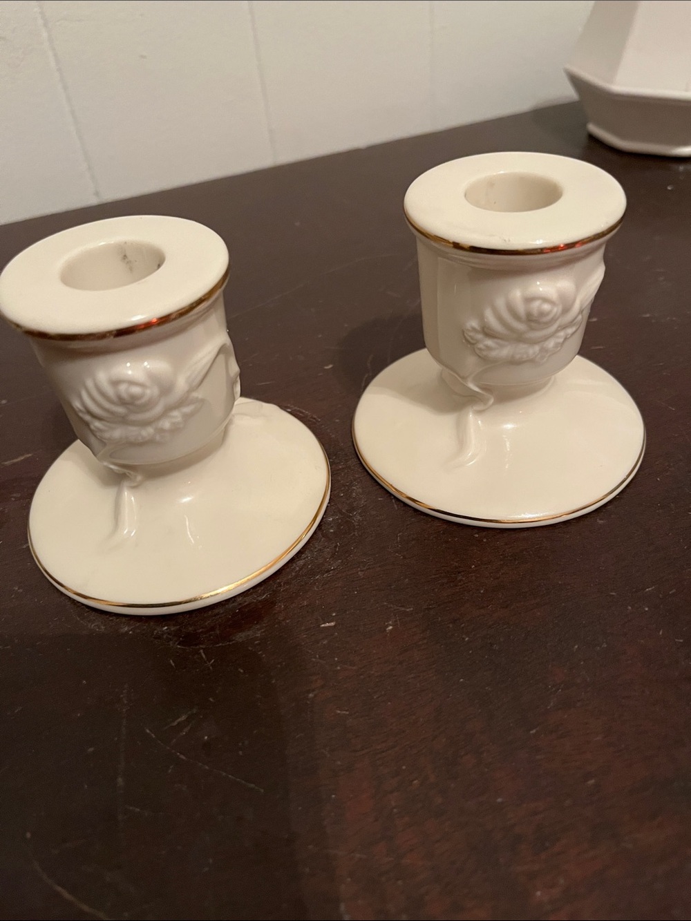 Lenox Classic White Porcelain Rose Candle Holders with Gold Trim